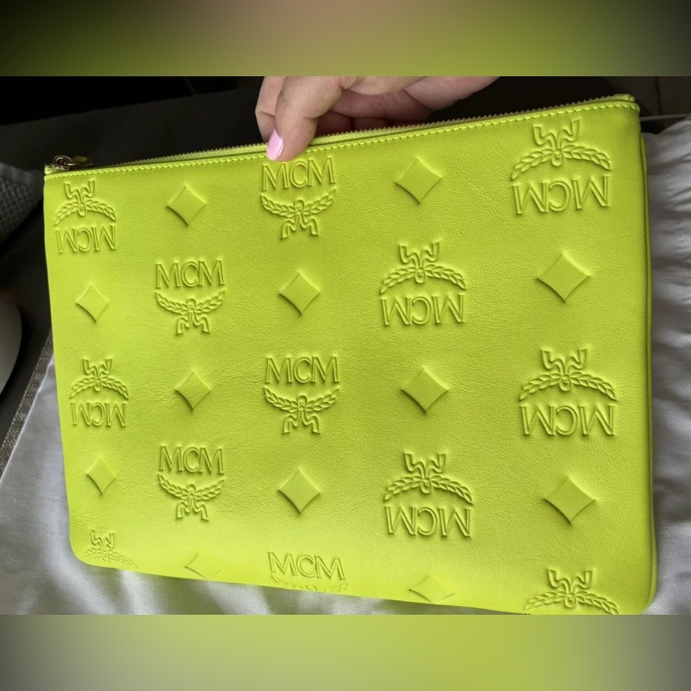 MCM Embossed Leather Pouch Purse Acid Lime